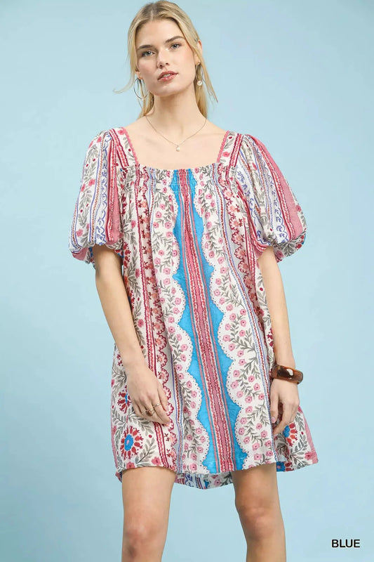 Umgee Mixed Print Puff Sleeve Mini Dress by Umgee USA