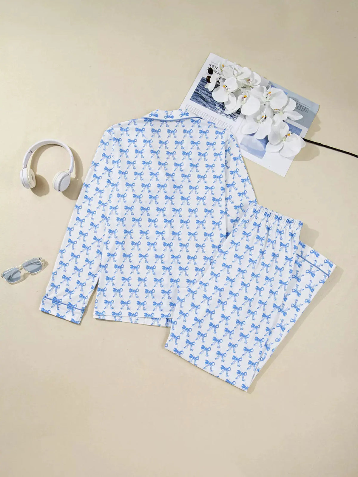 Bow Print Long Sleeve Shirt and Pants Pajama Set by Partner Label