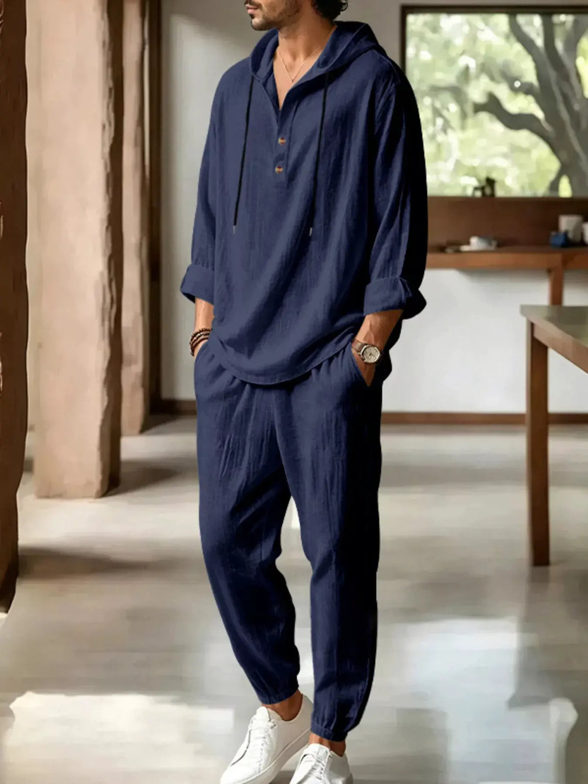 Men's Full Size Casual Button Detail Hooded Top and Pants Set Plus Size by Partner Label