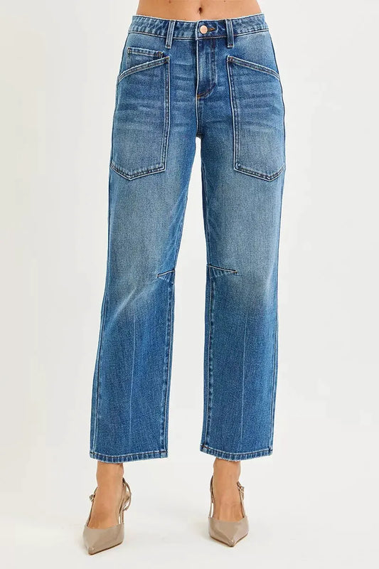 RISEN 4 Way Stretch Mid Rise Barrel Jeans with Patch Pocket Detail by RISEN
