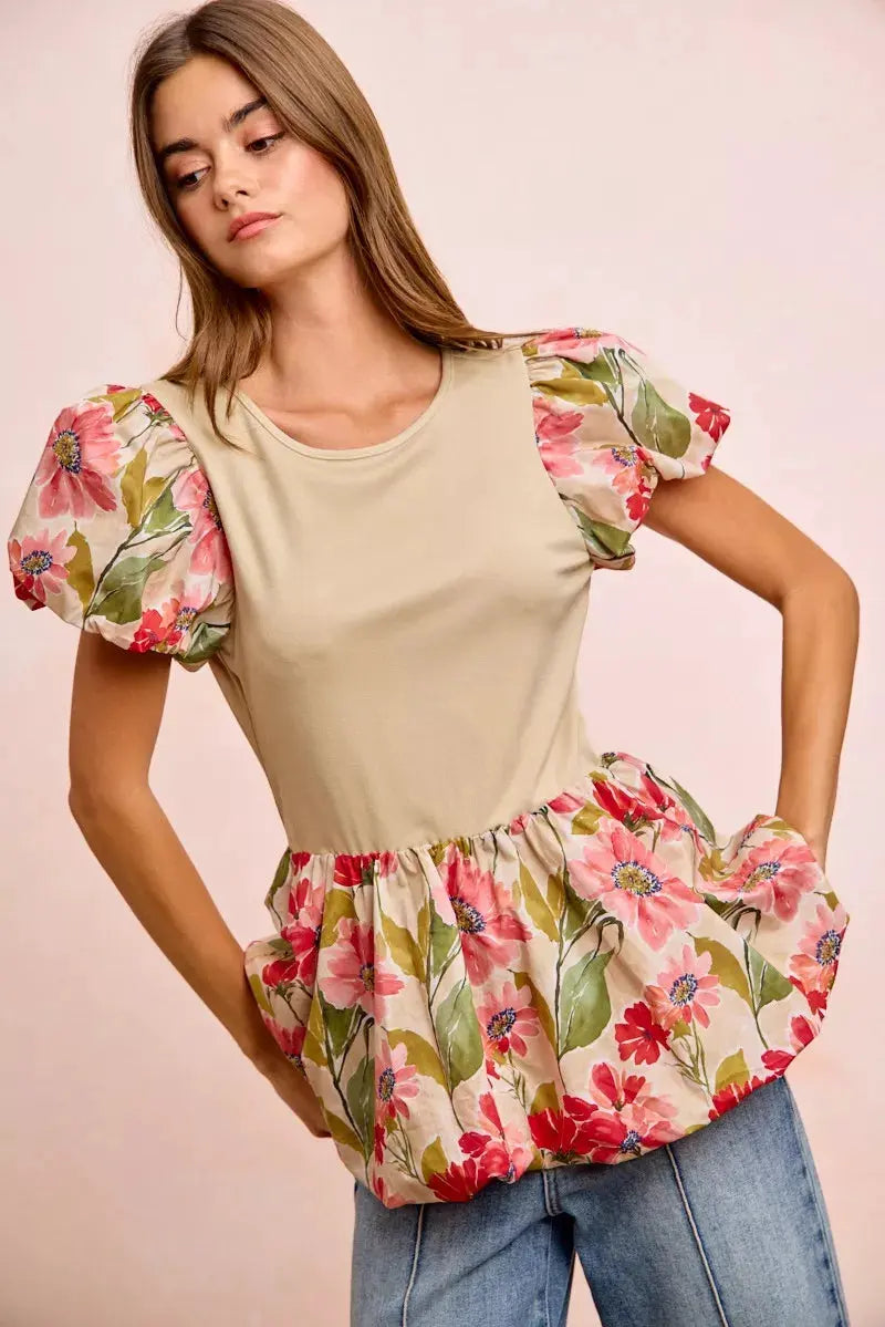 BiBi Floral Printed Bubble Sleeves and Hem Peplum Top by BiBi