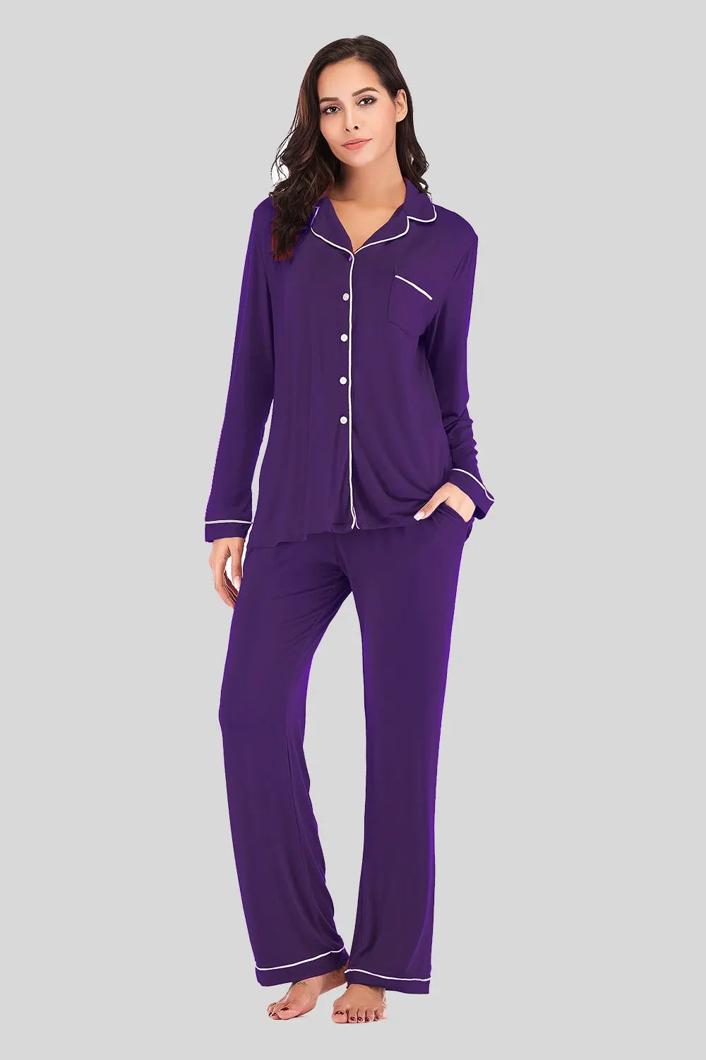 Collared Neck Long Sleeve Loungewear Set with Pockets by Partner Label