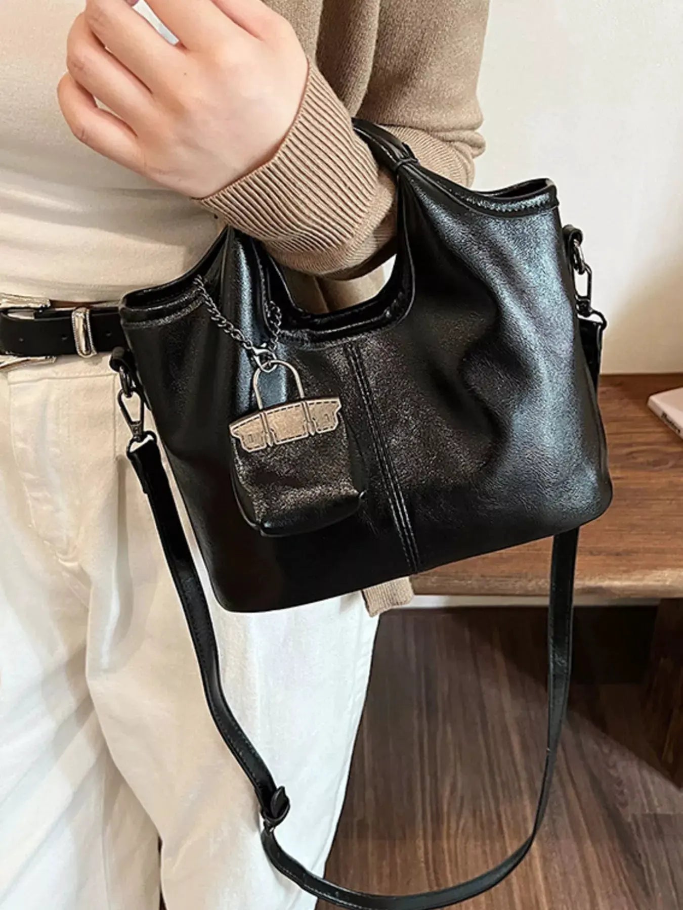 Leather Crossbody Bag with Charm by Partner Label