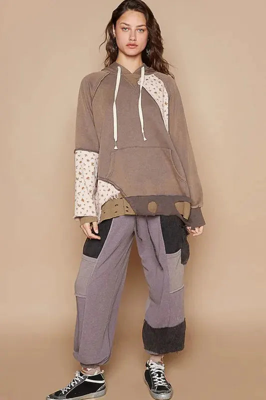 POL Floral Patchwork Distressed Drawstring Hoodie by POL