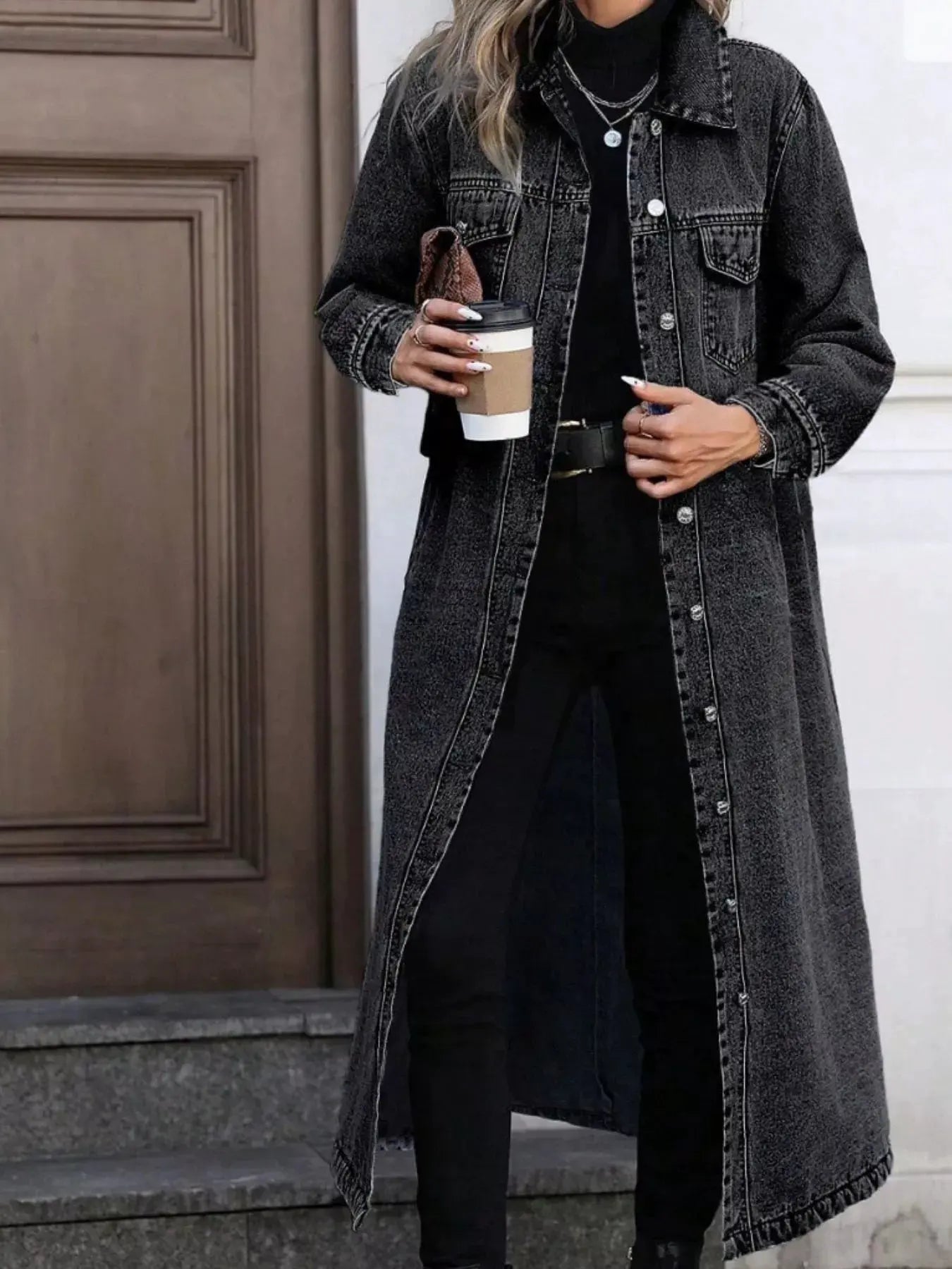 Longline Button-Front Denim Jacket by Partner Label