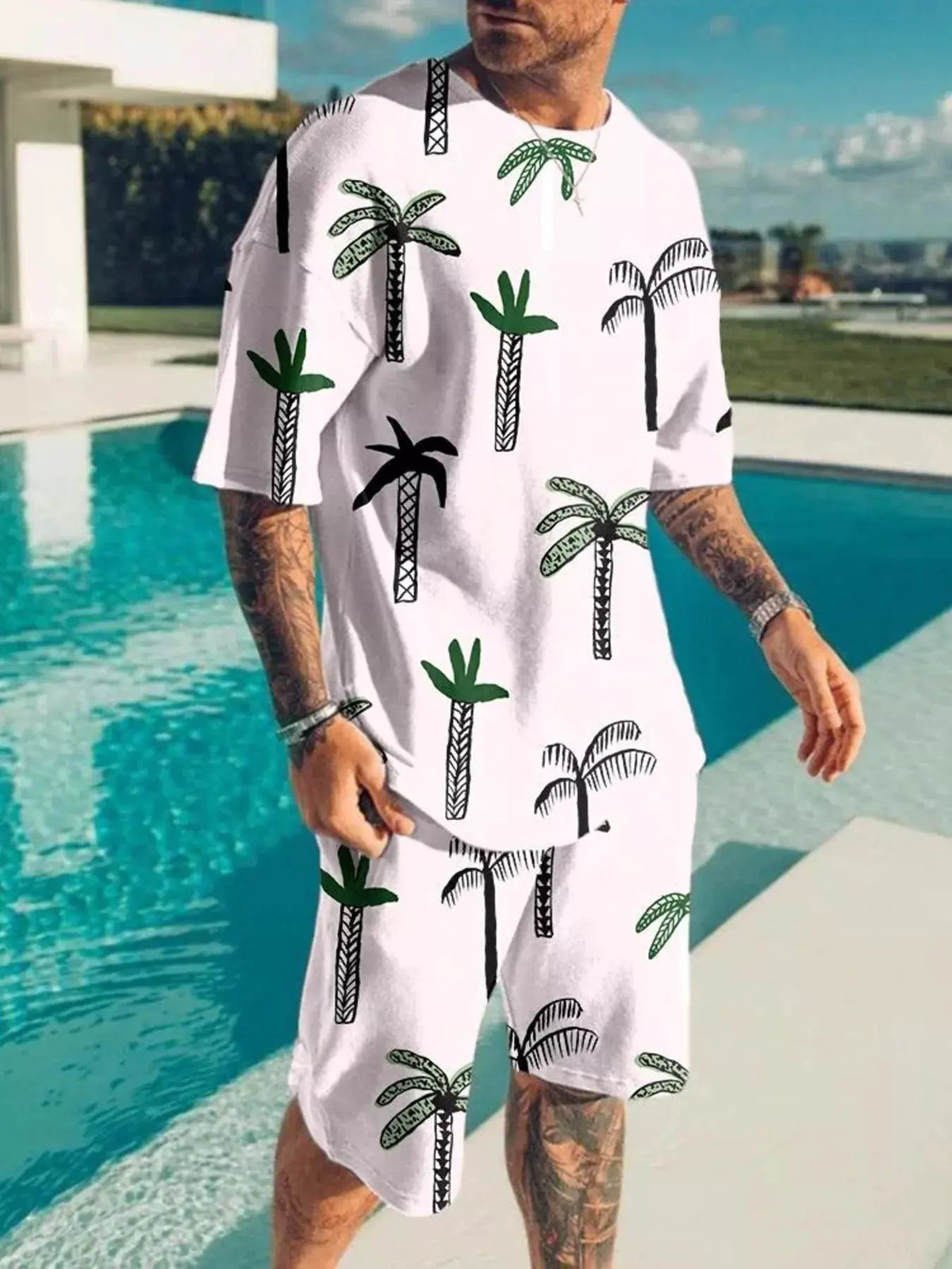 Men's Full Size Palm Tree Print Top and Shorts Set Plus Size by Trendsi