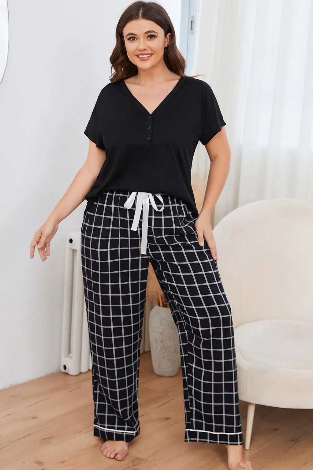 Plus Size V-Neck Top and Plaid Pants Lounge Set by Partner Label