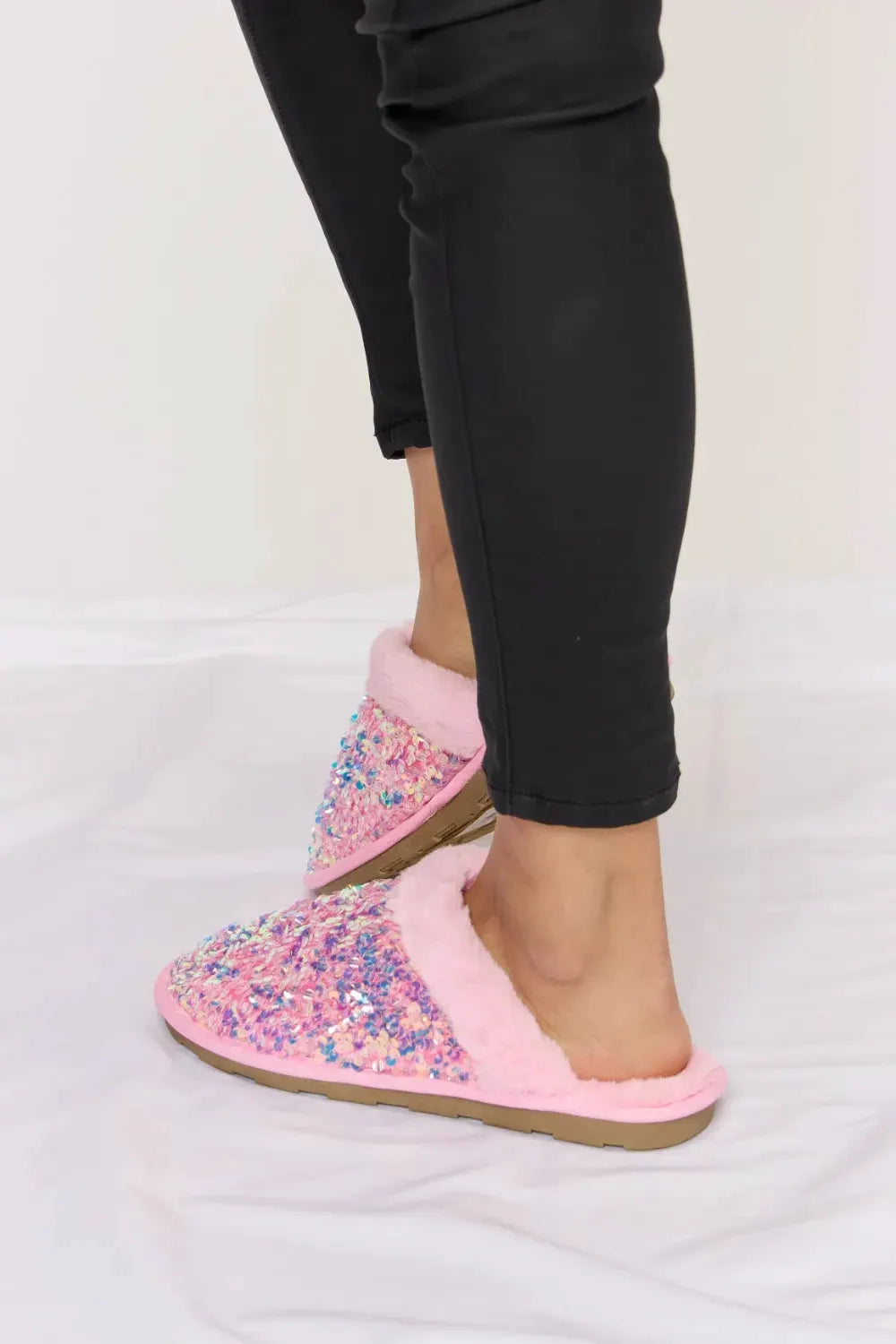 Forever Link Sequin Plush Round Toe Slippers by Forever Link