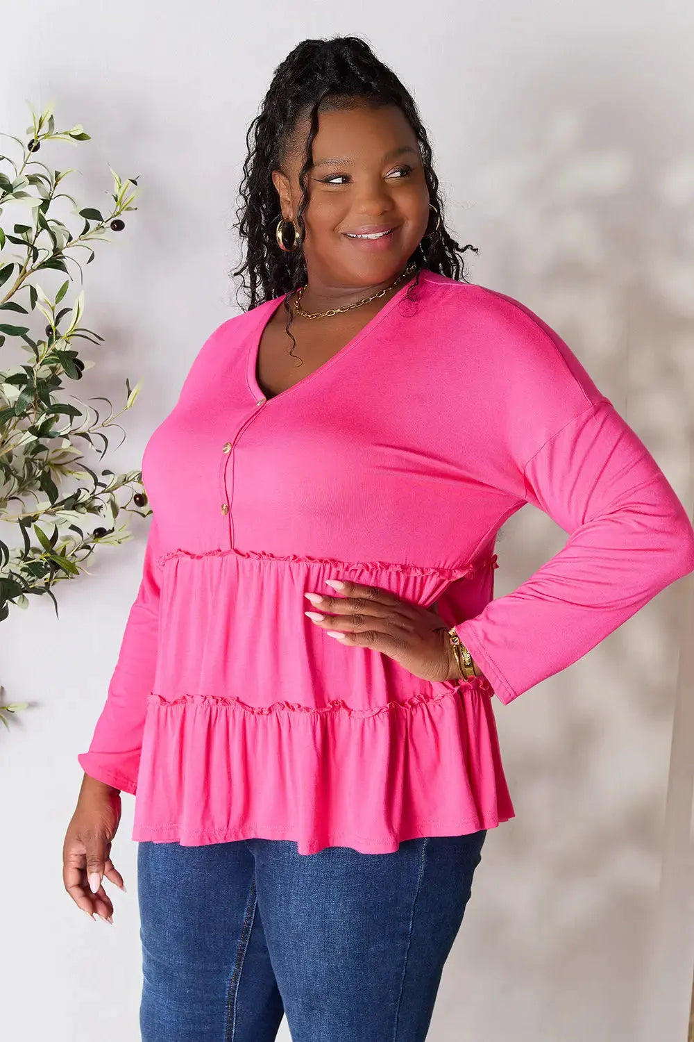 Double Take Half Button Long Sleeve Ruffle Hem Blouse by Double Take