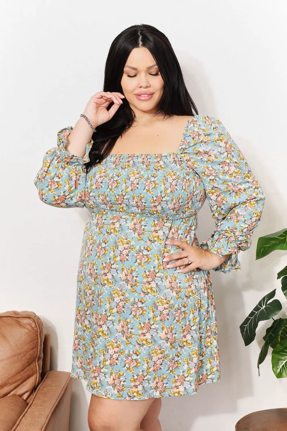 Honey Floral Smocked Flounce Sleeve Square Neck Dress by Honey
