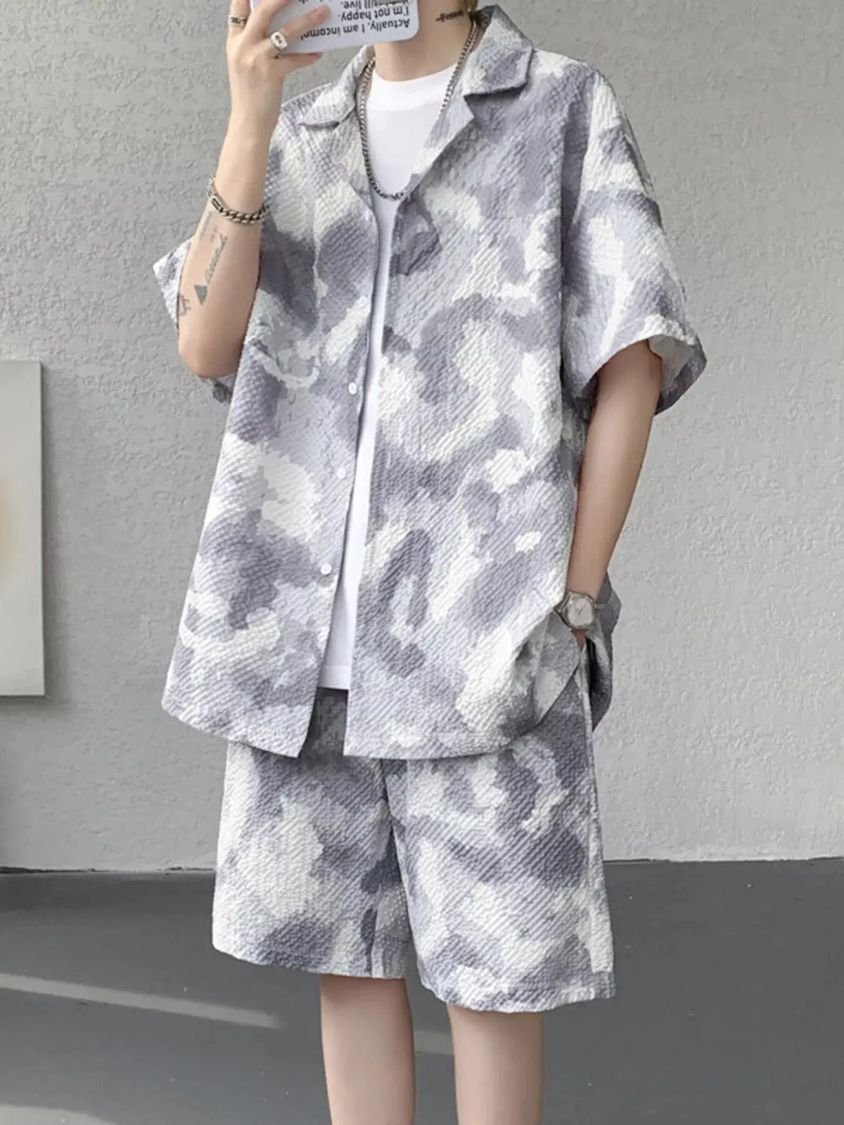 Men's Plus Size Casual Camouflage Print Shirt & Shorts Set by Trendsi