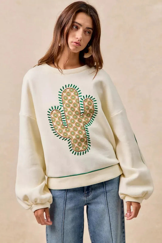 BiBi Cactus Embroidered Fleece Sweatshirt by BiBi