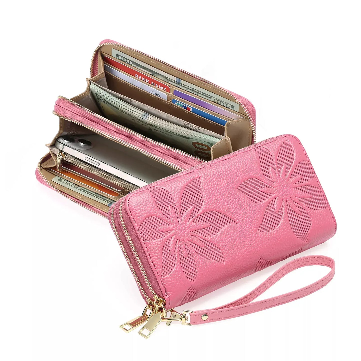 Floral Embossed Leather Zipper Wallet by Partner Label