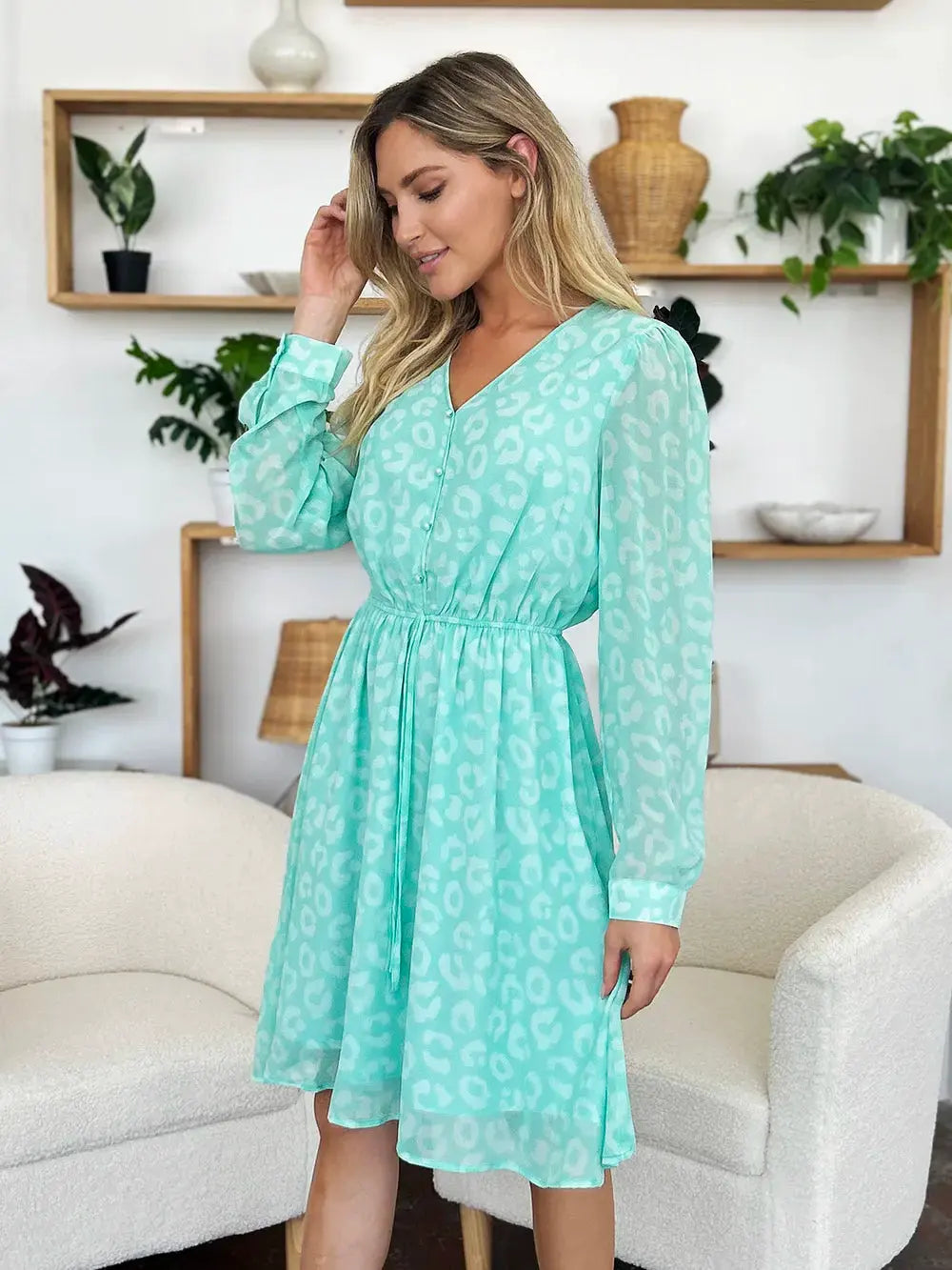 Double Take Full Size Printed Ruched V-Neck Long Sleeve Dress by Double Take