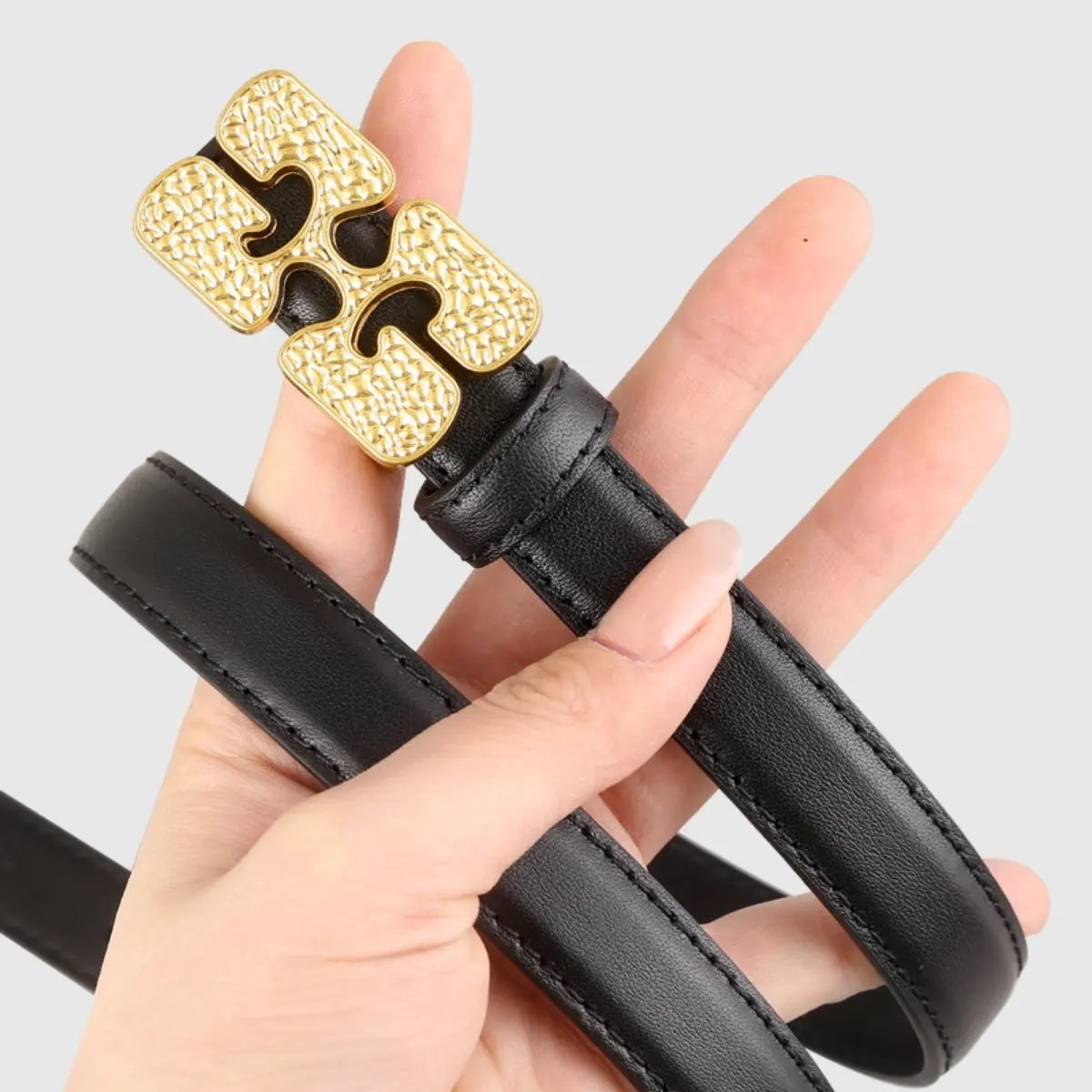 Gold Buckle Leather Belt by Trendsi