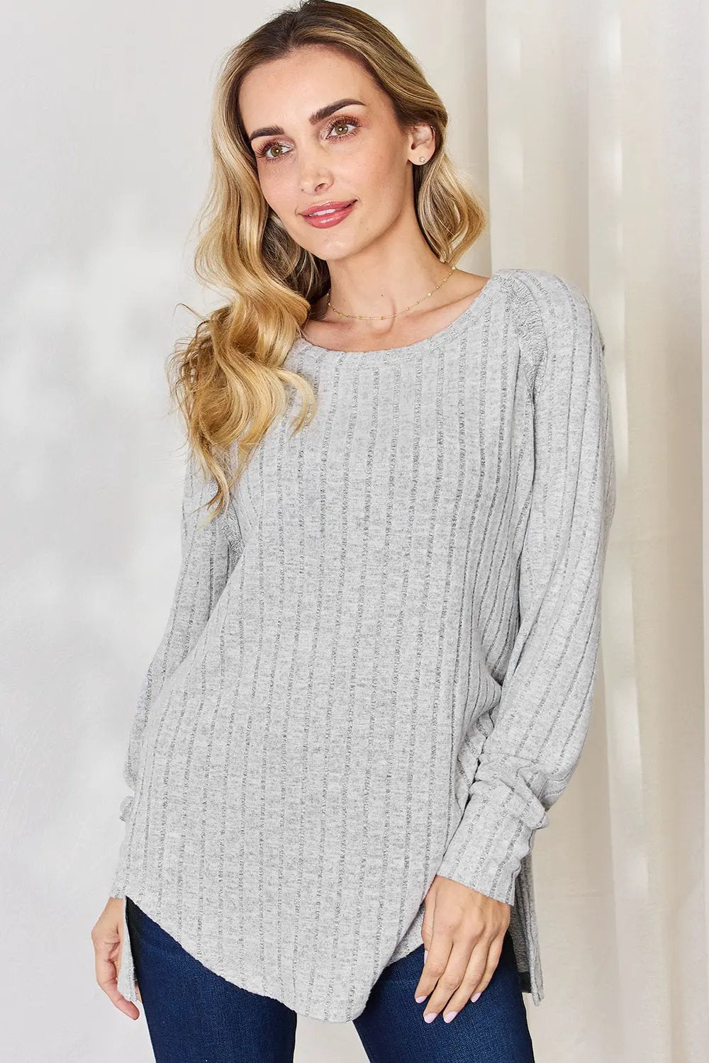 Basic Bae Full Size Ribbed Round Neck Slit T‑Shirt | Partner Labels Selection by Partner Label