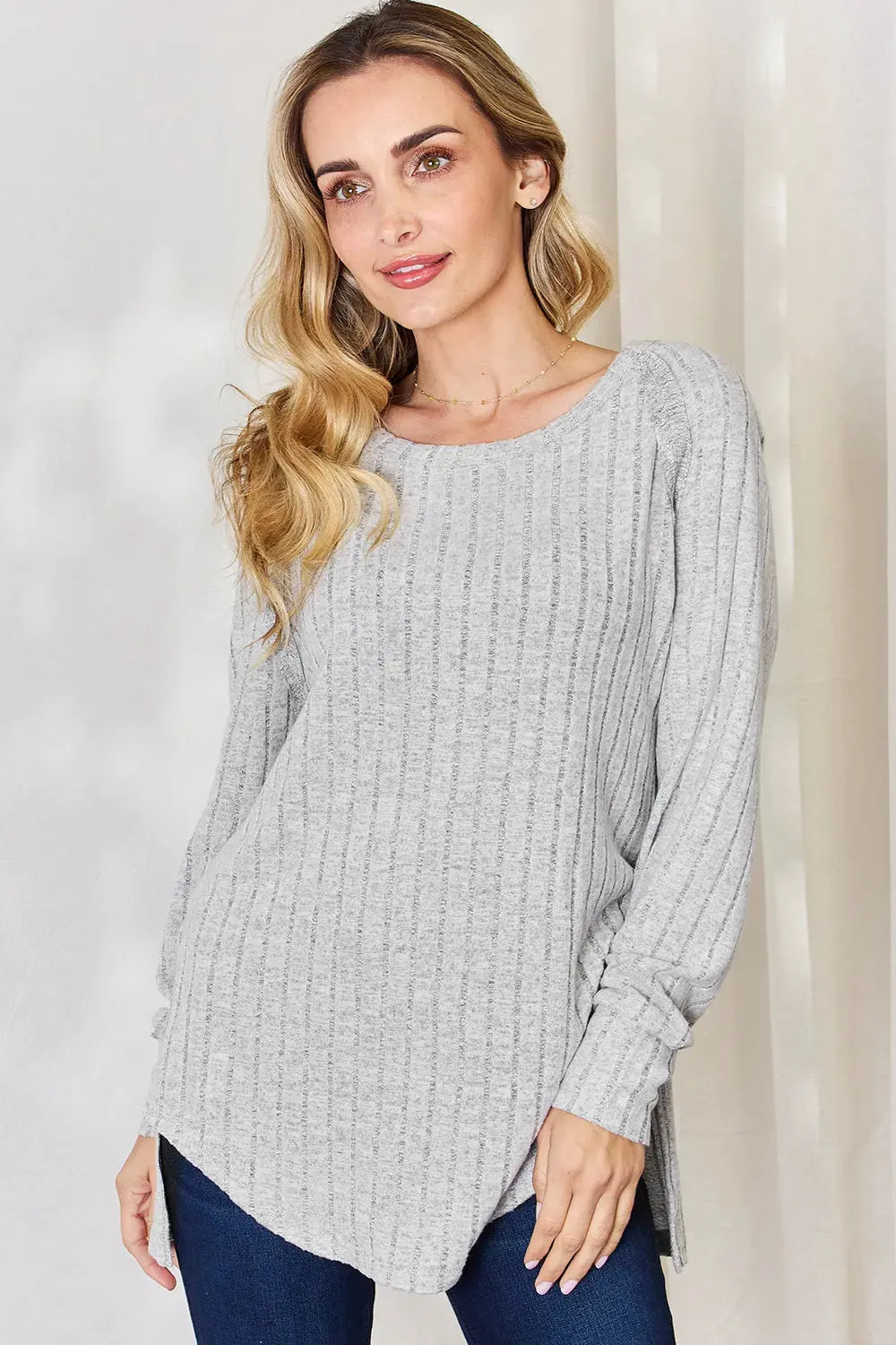 Basic Bae Full Size Ribbed Round Neck Slit T‑Shirt | Partner Labels Selection by Partner Label