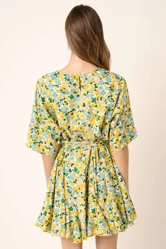 Mittoshop Floral Tie Waist Half Sleeve Mini Dress by Mittoshop