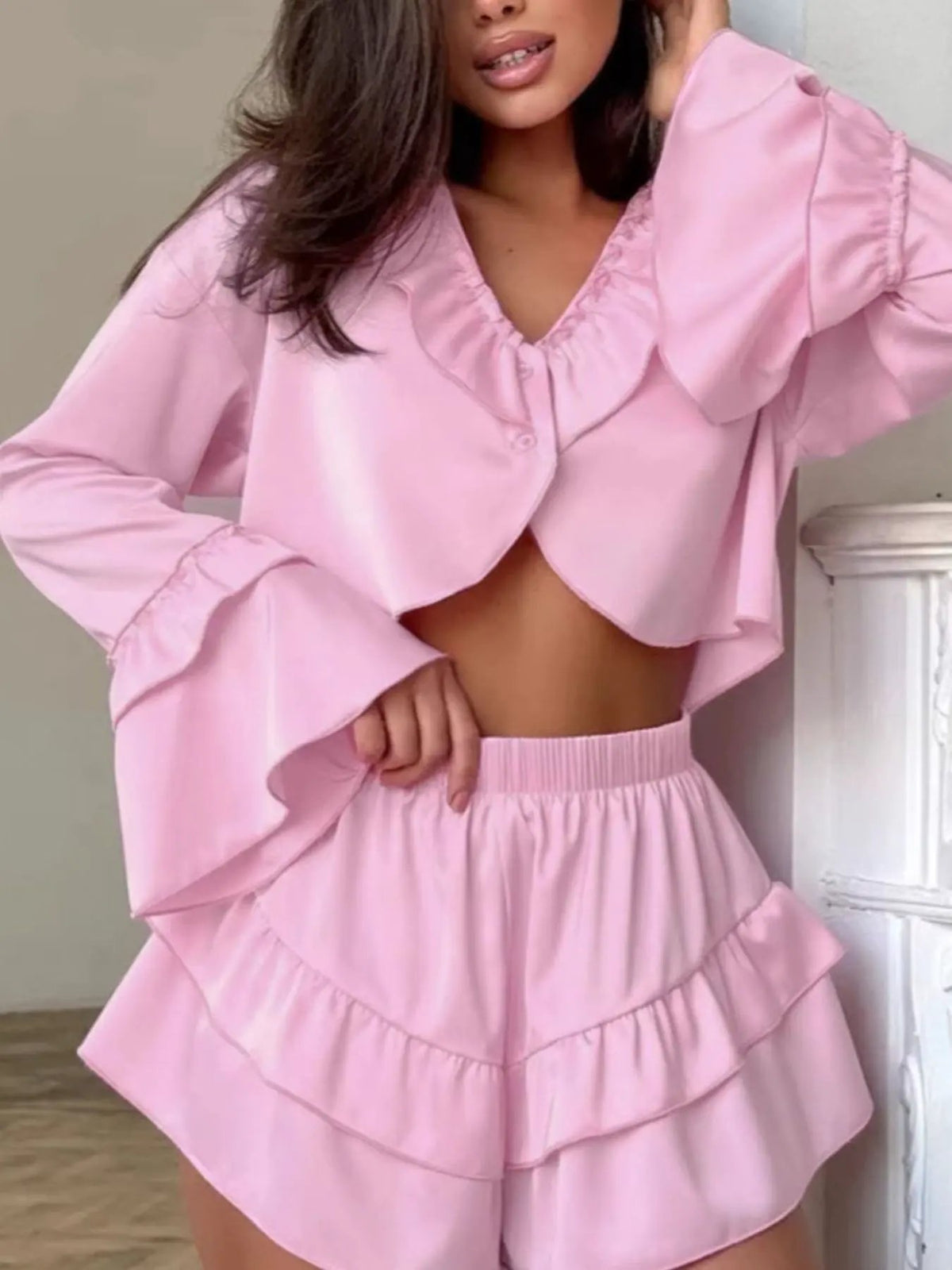 Ruffled V-Neck Top and Shorts Set by Partner Label