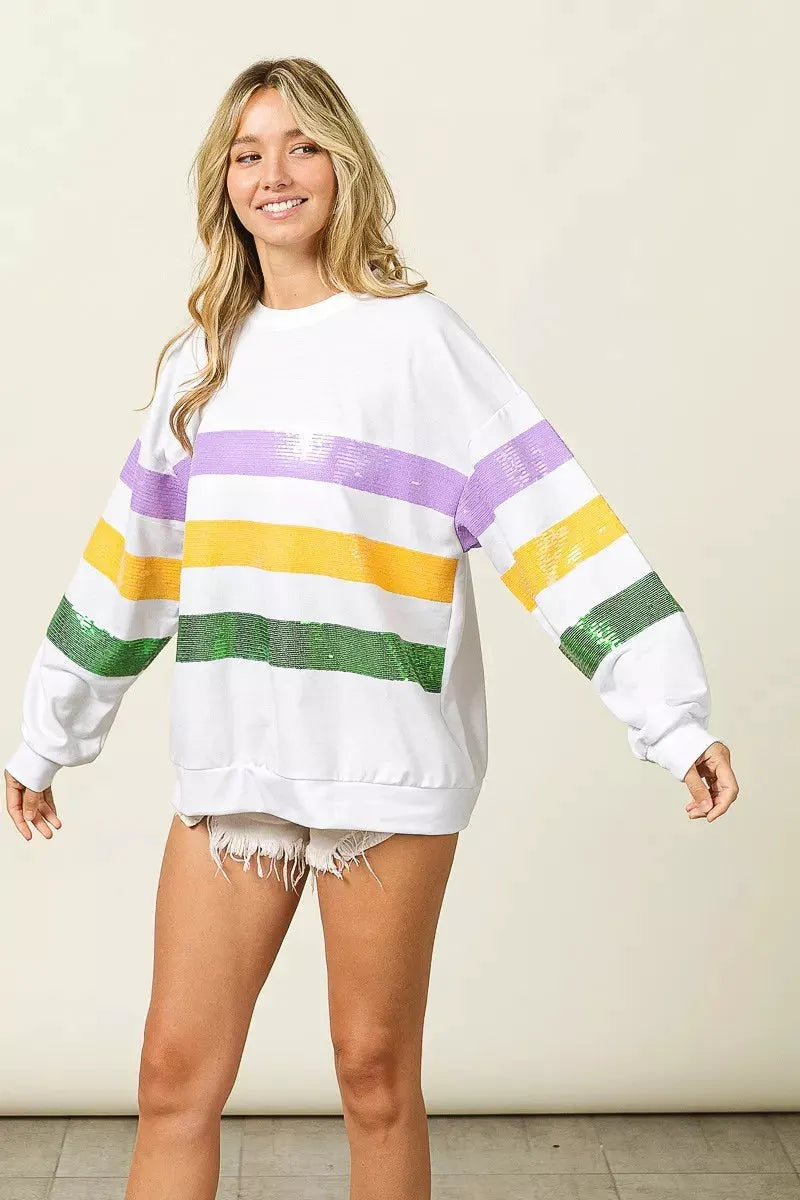 BiBi Sequin Mardi Gras Striped Round Neck Sweatshirt by BiBi