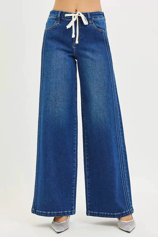 RISEN Full Size Mid Rise Wide Side Pintuck Jeans with Front Drawstring Plus Size by RISEN