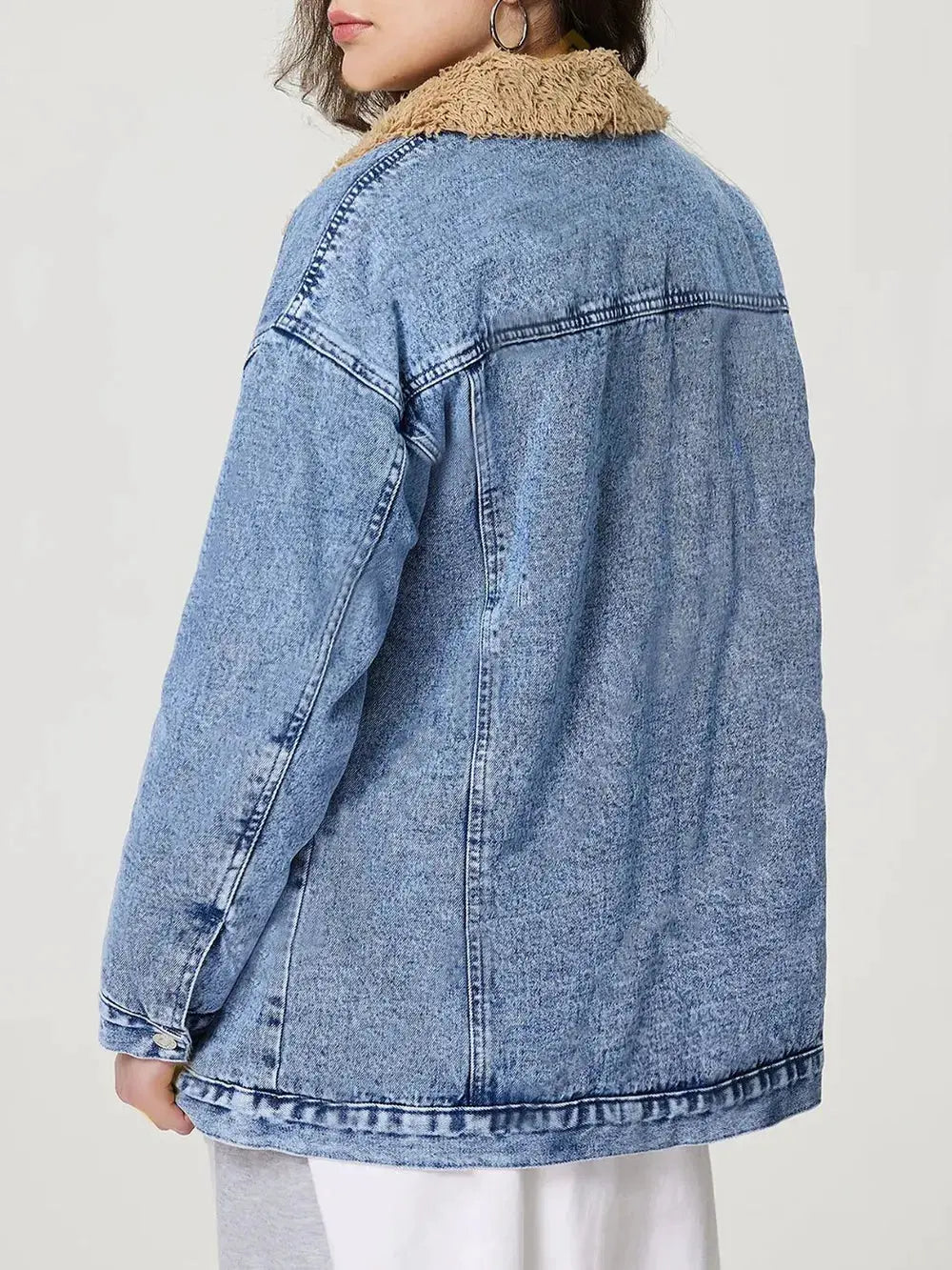 Button Up Collared Neck Plush Denim Jacket by Partner Label