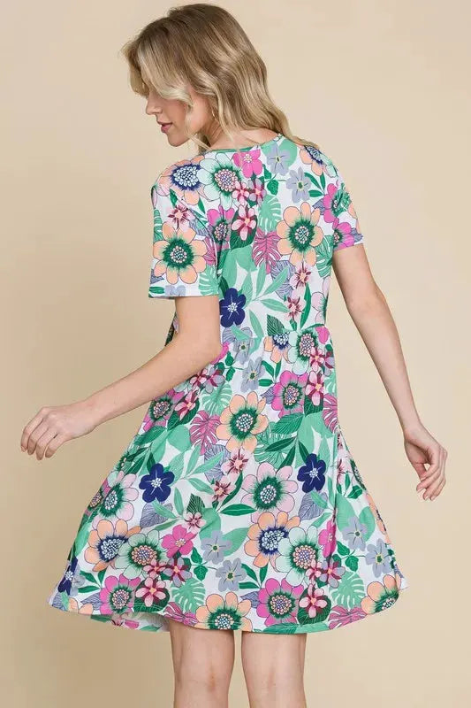 BOMBOM Ruched Floral V-Neck Short Sleeve Dress by BOMBOM