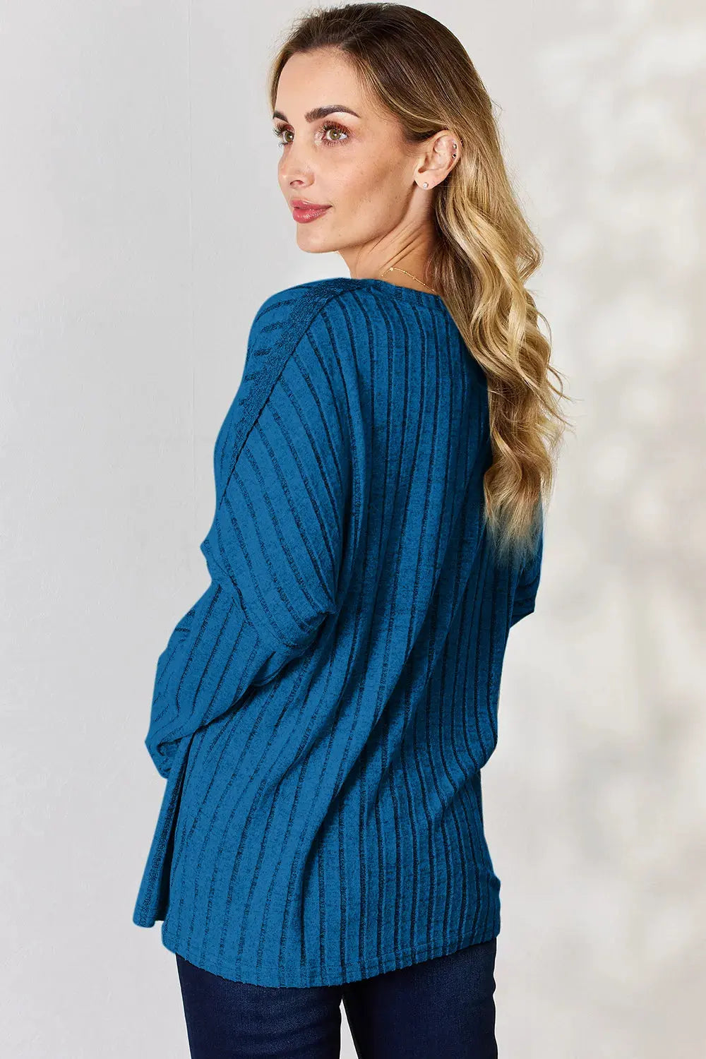 Basic Bae Full Size Ribbed Half Button Long Sleeve T‑Shirt | Partner Labels Selection by Partner Label
