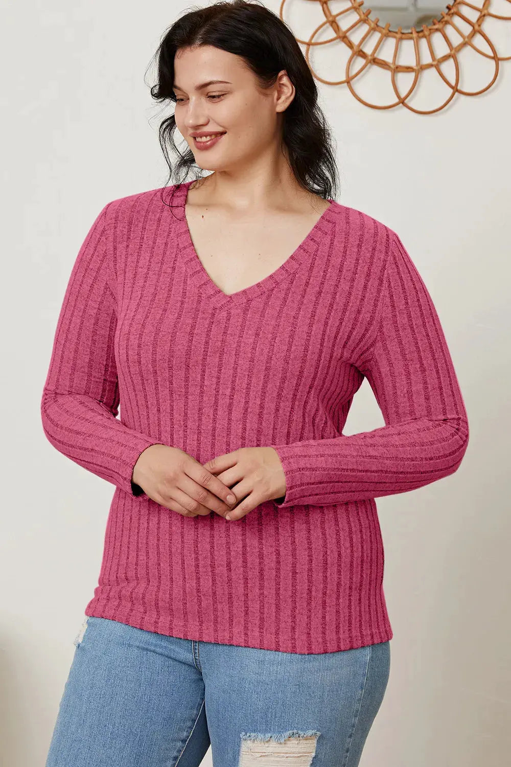 Full Size Ribbed V‑Neck Long Sleeve T‑Shirt | Partner Labels Selection by Partner Label