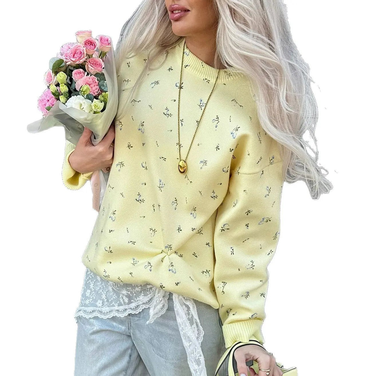Womens European And American-style Chic Floral-print Crew-neck Pullover Sweater by Maiden-Art