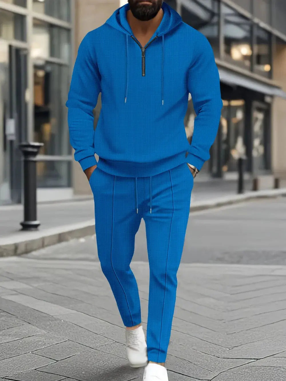 Men's Full Size Waffle-Knit Half Zipper Hoodie and Pants Set Plus Size by Trendsi