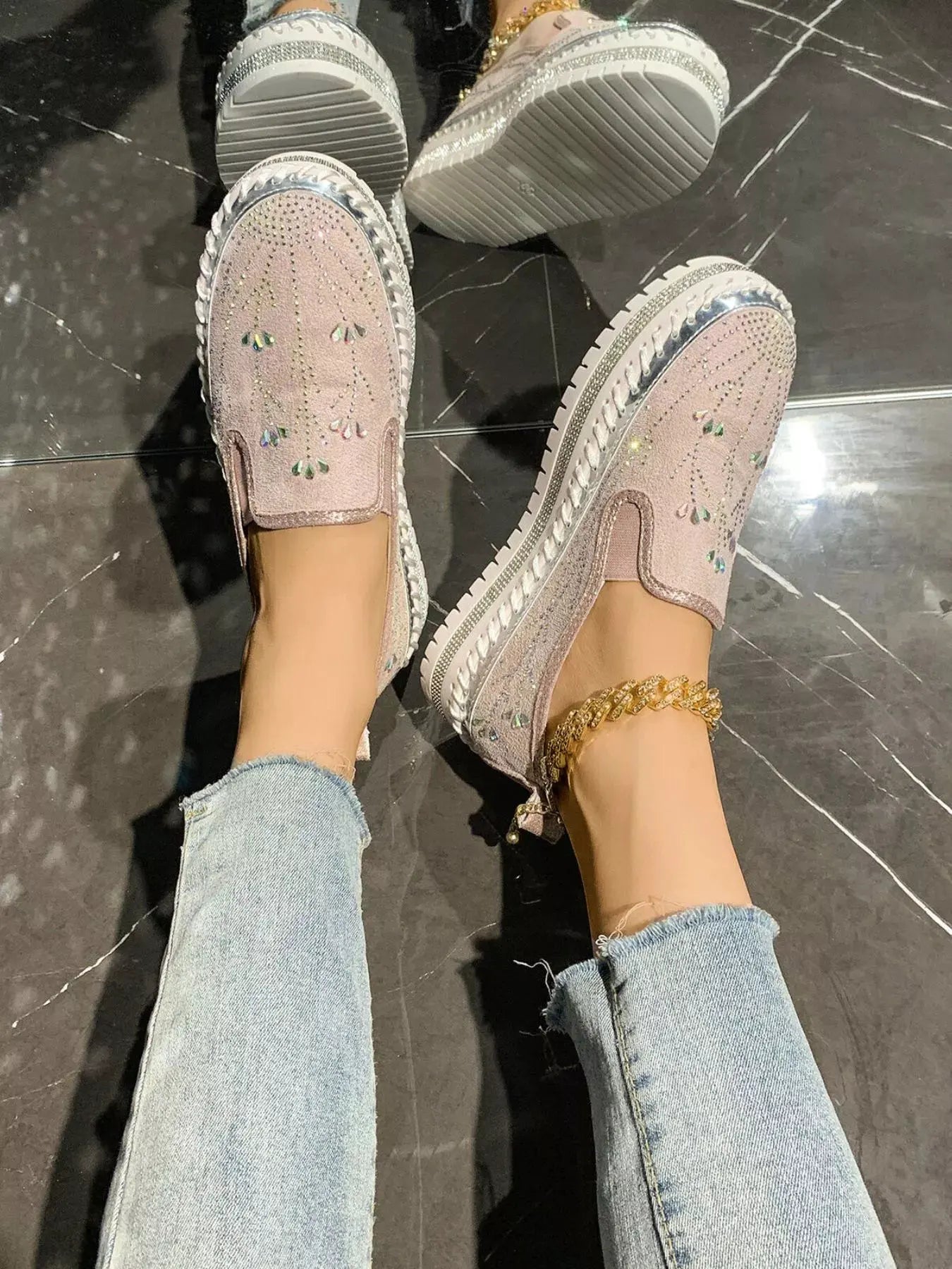 Rhinestone Embellished Platform Loafers by Partner Label