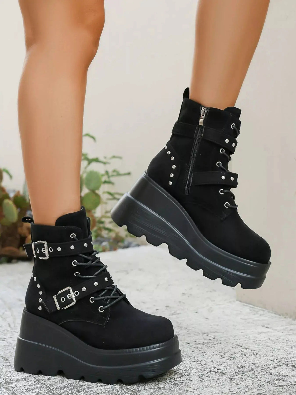 Lace Up Platform Wedge Boots by Partner Label