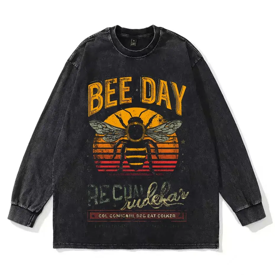 Bees Print Vintage Acid Wash Cotton T-Shirt (Unisex) by Vimost Shop