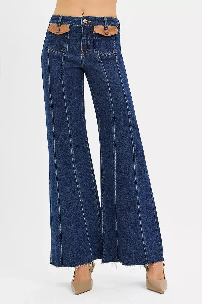 RISEN High Rise Wide Flare Jeans with Front Leather Pocket Detail by RISEN