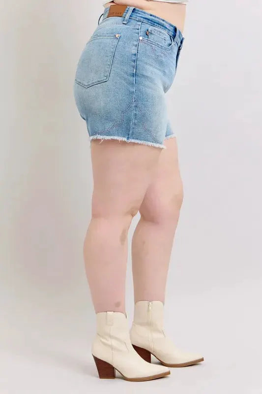 Judy Blue Full Size High Waist Western Embroidery Detail Cut Off Denim Shorts Plus Size by Judy Blue