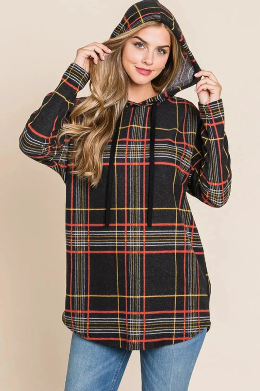 BOMBOM Drawstring Plaid Long Sleeve Hoodie by BOMBOM