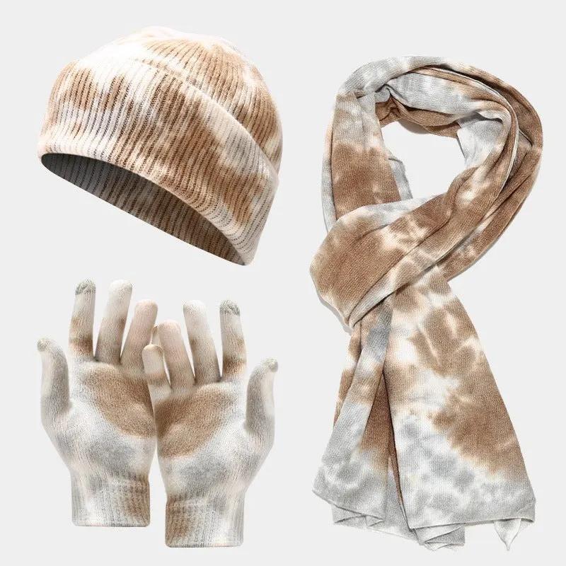 Tie-dye Knitted Hat Gloves Scarf Set Ladies by Maiden-Art