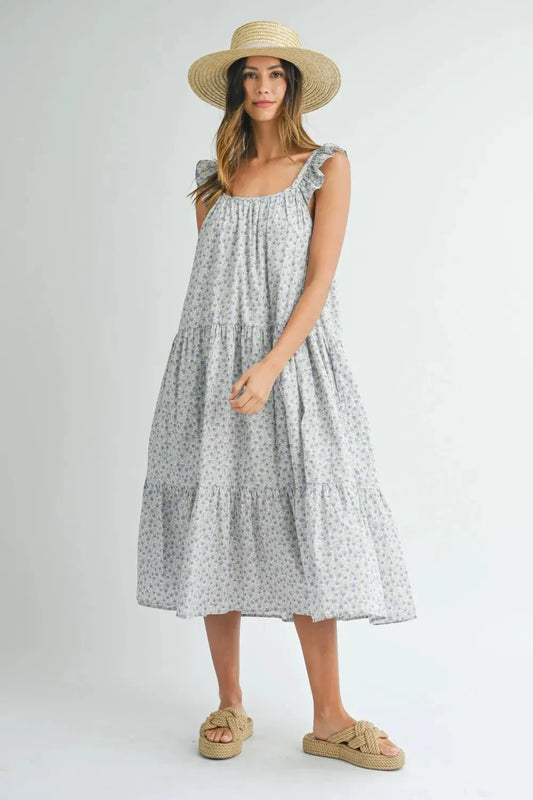 MABLE Floral Ruffle Shoulder Tiered Midi Dress by MABLE