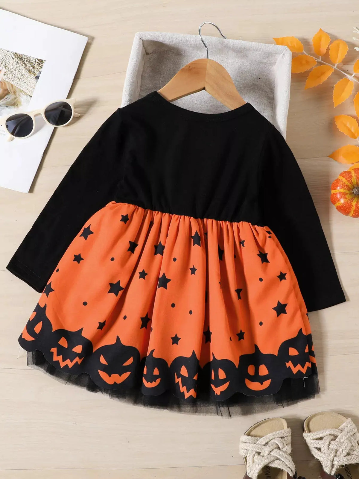 Children's Halloween Pumpkin Print Bowknot Long Sleeve Dress by Trendsi