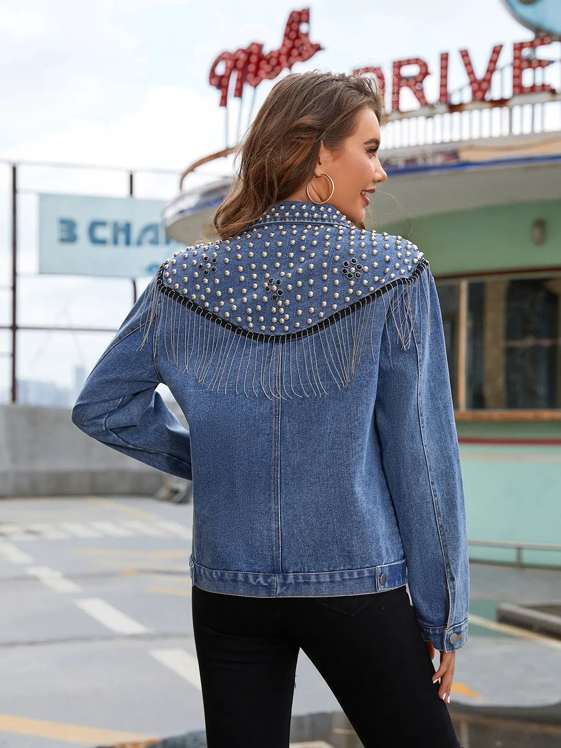 Studded Fringe Button Down Denim Jacket by Partner Label