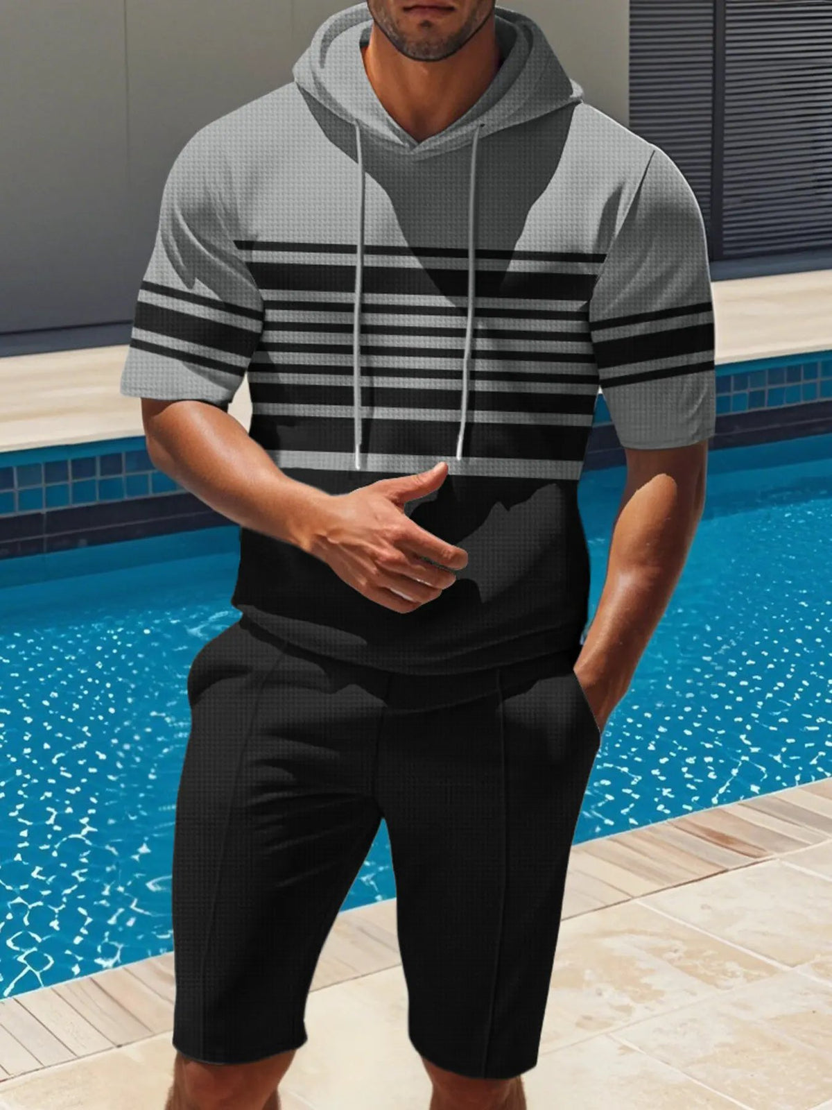 Men's Full Size Striped Short Sleeve Hoodie and Shorts Set Plus Size by Trendsi