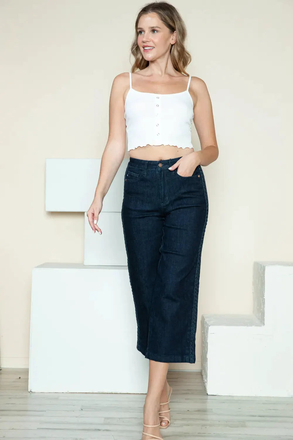 Judy Blue Full Size Side Seam Braid Detail Crop Wide Leg Jeans by Judy Blue