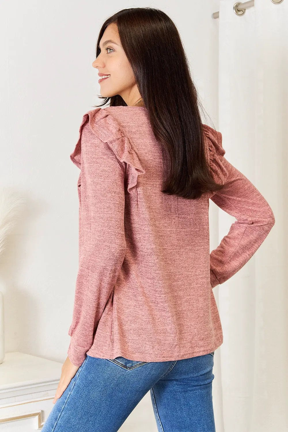 Double Take Square Neck Ruffle Shoulder Long Sleeve T-Shirt by Double Take