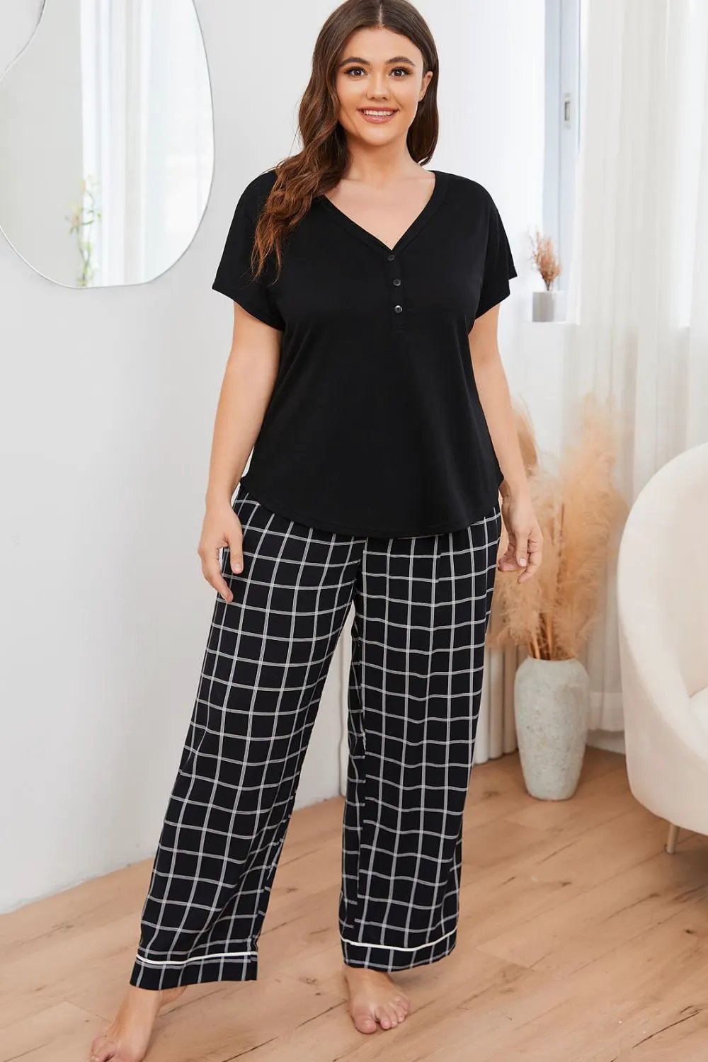 Plus Size V-Neck Top and Plaid Pants Lounge Set by Partner Label