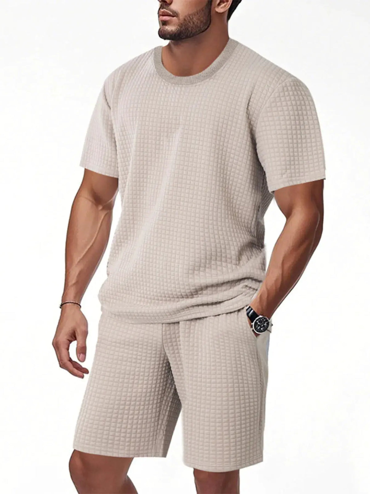 Men's Full Size Textured Round Neck Top and Shorts Set Plus SIze by Trendsi