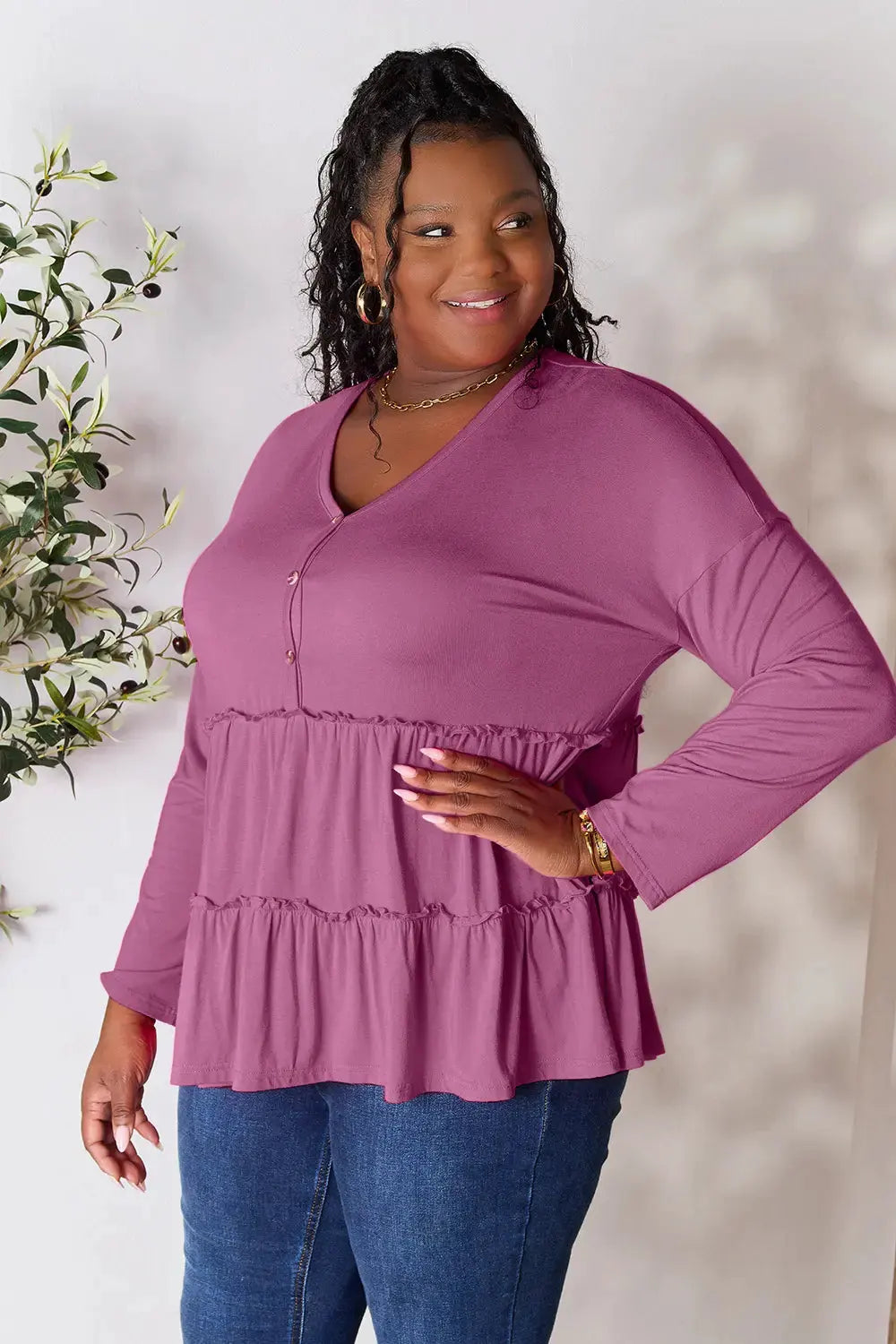 Double Take Half Button Long Sleeve Ruffle Hem Blouse by Double Take