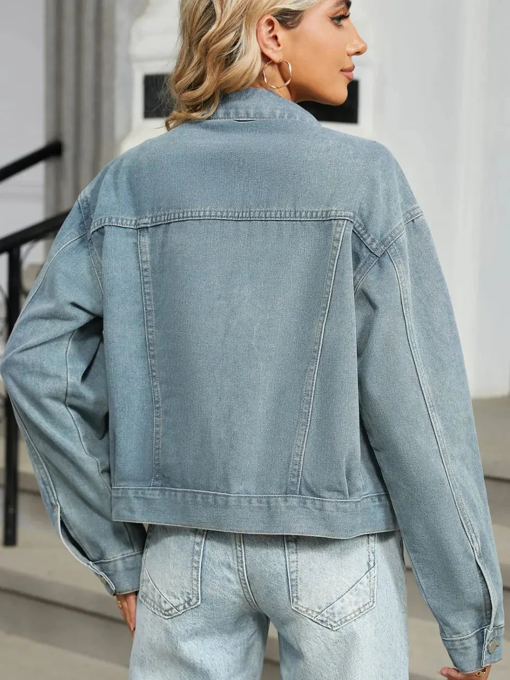 Rhinestone & Peal Trim Button Down Long Sleeve Denim Jacket by Partner Label