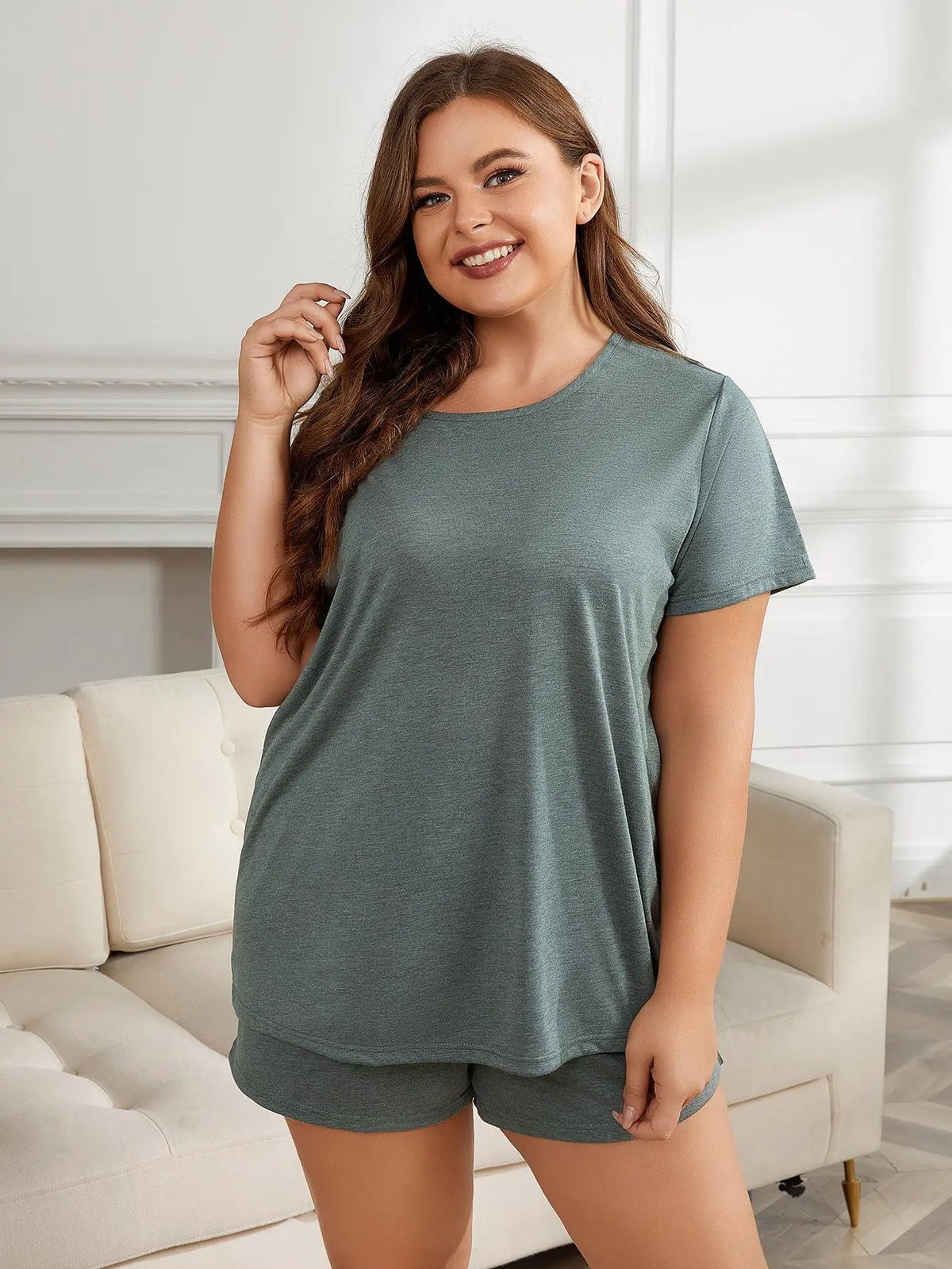 Plus Size Round Neck Short Sleeve Two-Piece Loungewear Set by Partner Label