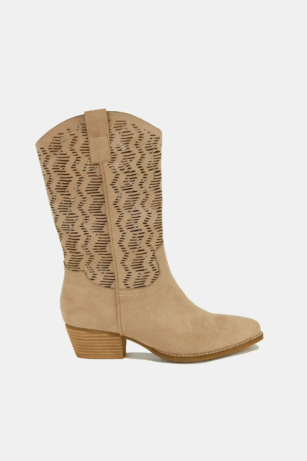 Beast Fashion Faux Suede Laser Cut Detail Block Heel Boots by Beast Fashion